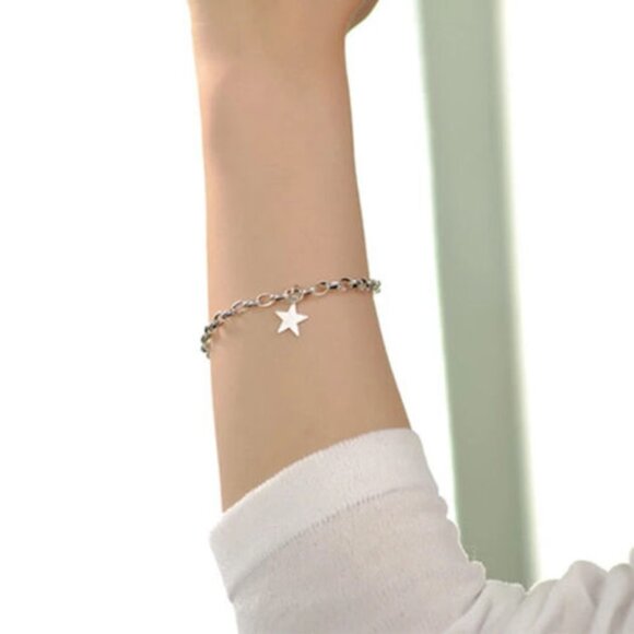 925 Sterling Silver Vintage Star Pendant Chain Bracelet 7 '' long lobster lock - Picture 2 of 5
